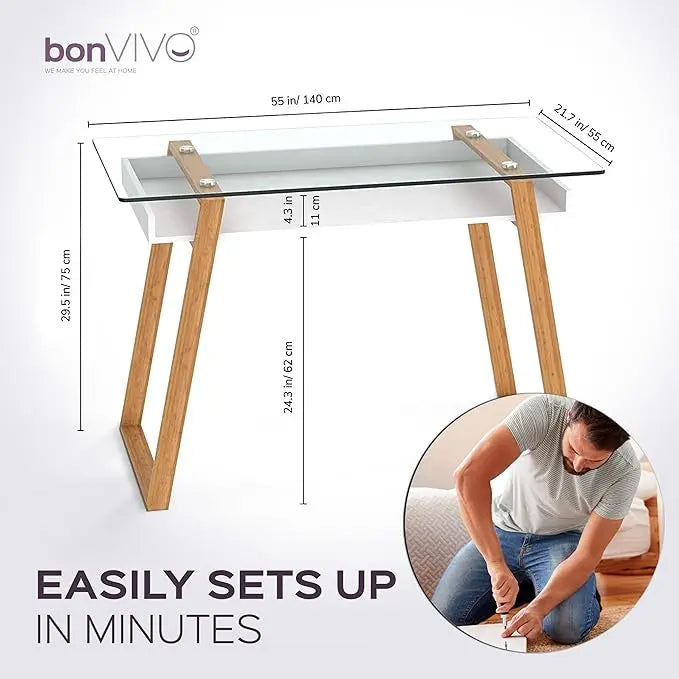 bonVIVO Massimo Small Desk - 47 Inch, Modern Computer Desk for Small Spaces, Living Room, Office and Bedroom - Study Table w/Glass Top and Shelf Space - Black - LeafyLoom