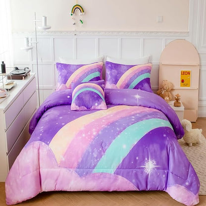 Purple Rainbow Girls Full Size Comforter Set, 6 Pieces Gradient Glitter Kids Bedding Sets, Galaxy Kids Bedroom Decor Bed in A Bag with Sheets for Girls Teens - LeafyLoom