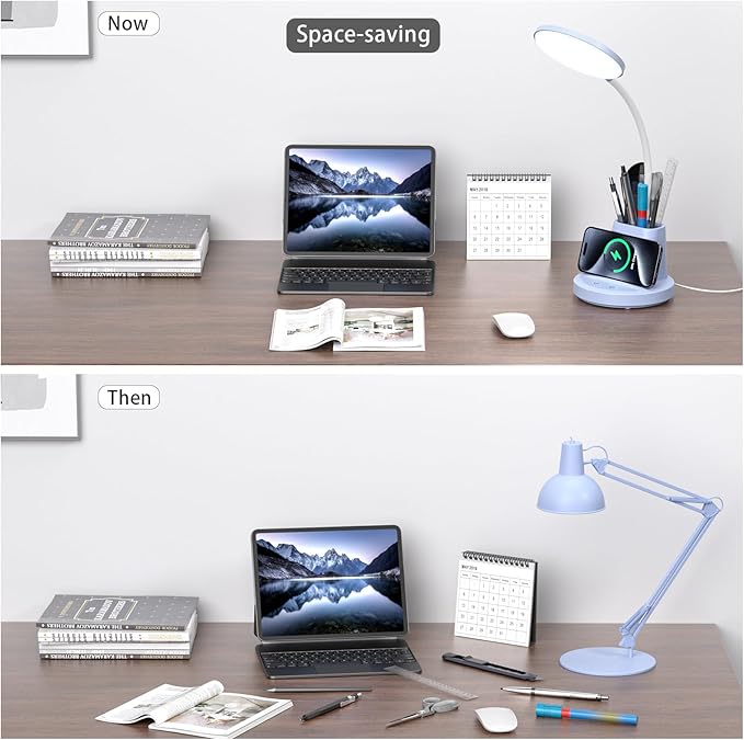 comzler LED Desk Lamp with Wireless Charger Pen Phone Holder, Blue Desk Lamp for Home Office, Dimmable Desk Light 3 Color Modes, College Dorm Study Lamp for College Dorm, CRI 90 800 Lumen - LeafyLoom