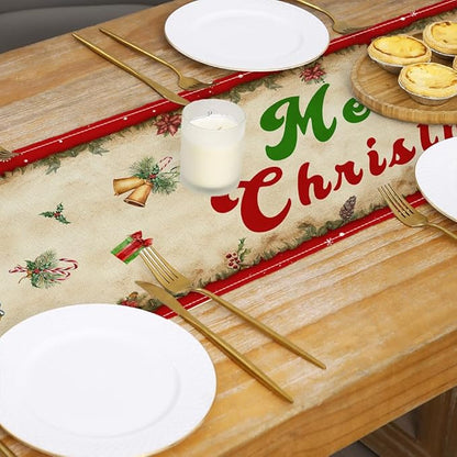 Vintage Christmas Table Runner Christmas Decorations - Red Vintage Style Santa Claus Girls Merry Christmas Winter Xmas Home Kitchen Dining Table Decor, Christmas Party Decorations 13 x 72 Inch Racenaf