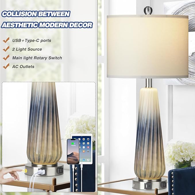 28" Glass Table Lamp Set of 2, Modern Table Lamps with USB A+C Ports & AC Outlet, Touch Control Bedside Nightstand Lamp with LED Night Light & White Fabric Shade for Living Room Blue(4 Bulbs Included) - LeafyLoom