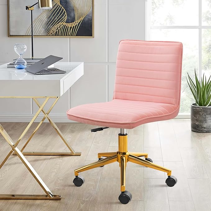 Furniliving Home Office Chair, Armless Vanity Chair with Wheels Swivel Velvet Computer Rolling Desk Chair with Back, Adjustable Accent Chair with Gold Metal Base Stool Chair,Pink - LeafyLoom