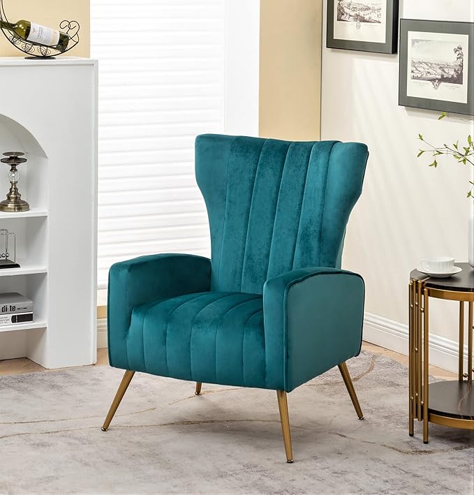 Armchair Modern Velvet Accent Chair, Channel Tufted Bedroom, Office or Living Room Furniture with Elegant Metal Legs, Blueish Green - LeafyLoom