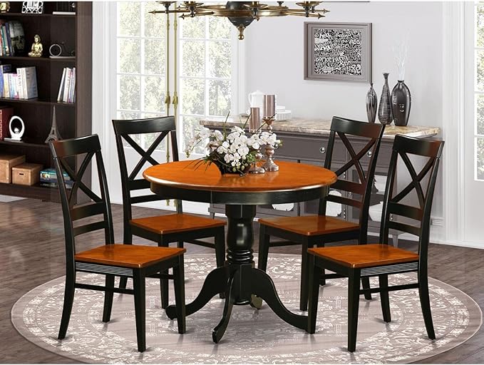 East West Furniture ANQU5-BLK-W 5 Piece Dinette Set for 4 Includes a Round Kitchen Table with Pedestal and 4 Dining Room Chairs, 36x36 Inch - LeafyLoom