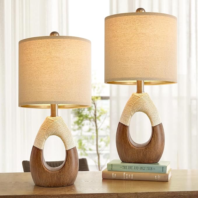 OYEARS Boho Table Lamps Bedroom Living Room Set 2 Sleeping and Reading,Small Farmhouse RattanTable Lamp 19”Rustic Egg Design Resin Light Decoration,Nightstand Bedside Lamps for Office Study Rest - LeafyLoom