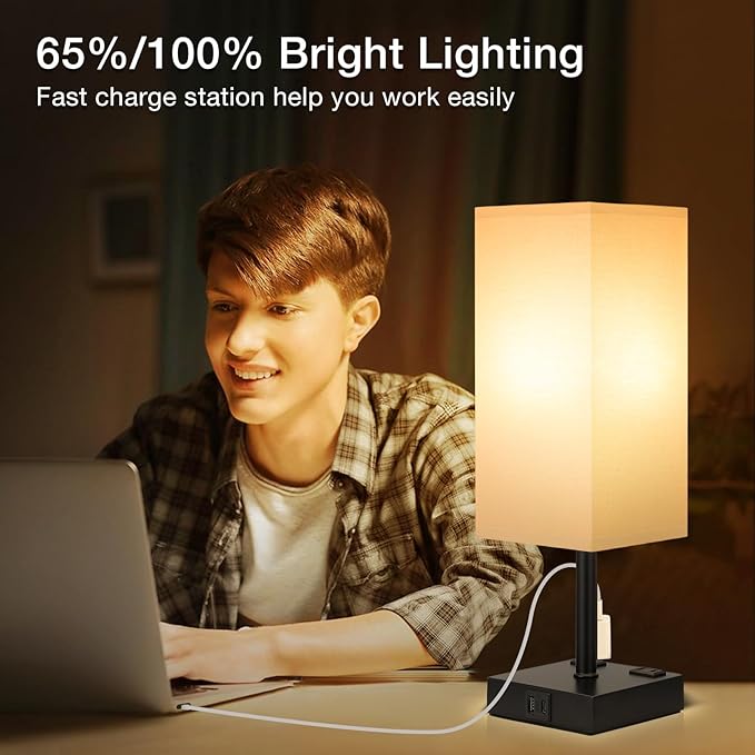 aooshine Black Base White Shade Set of 2 Touch Lamp with USB Port-Nightstand Lamp with USB-C+A Charge Ports& AC Outlets, 3-Way Dimmable Bedside Lamp, Small Table Lamp for Bedroom(Bulb Included) - LeafyLoom