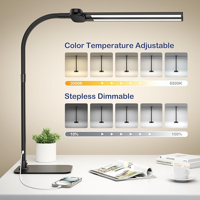 Desk Lamp with USB Charging Port for Home Office 24w Architect Remote Base Dual Task Led Light Modern 5 Color Modes Dimmable Adjustable Gooseneck Double Head Reading Drafting Eye Caring Tall Lamps - LeafyLoom