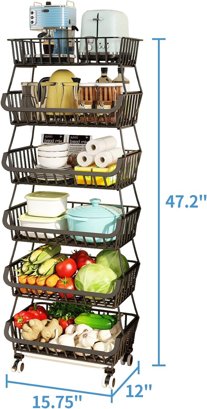 Wisdom Star 6 Tier Fruit Vegetable Basket for Kitchen, Fruit Vegetable Storage Cart/ Bins for Onions and Potatoes, Wire Storage Organizer Utility Cart with Wheels, Black - LeafyLoom