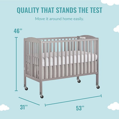 Folding Full Size Convenience Crib In Storm Grey, Two Adjustable Mattress Height Positions, Comes With Heavy Duty Locking Wheels, Flat Folding - LeafyLoom