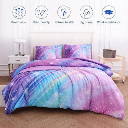 Full Size Bedding Sets Kids Bedding Sets for Girls,Galaxy Bedding 7pieces Glitter Pink Comforter Colorful Comforter Full Size Comforter Sets for Teen Girls(Twill Rainbow) - LeafyLoom