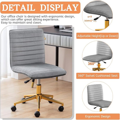 Furniliving Home Office Chair, Armless Vanity Chair with Wheels Swivel Velvet Computer Rolling Desk Chair with Back, Adjustable Accent Chair with Gold Metal Base Stool Chair,Gray - LeafyLoom