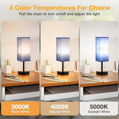 Blue Small Table Lamp for Bedroom - 3 Color Temperature 3000K 5000K 4000K Bedside Lamp, Pull Chain Control, USB A and C Charging Ports, Black Base, for Kids Office Dorm nightstand, Bulb Included - LeafyLoom