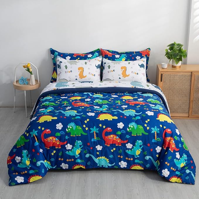 Wajade 7 Piece Kid Boys Dinosaur Comforter Set Queen Size 3D Blue Dinosaur Wild Park Jungle Print Bedding Set with Comforter, Sheet Set, Pillowcase and Sham - LeafyLoom