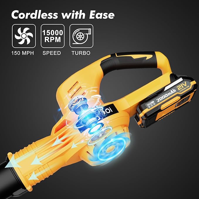 Leaf Blower Cordless - 21V Electric Cordless Leaf Blower with 2 Batteries and Charger, 2 Speed Mode, 2.0Ah Lightweight Battery Powered Leaf Blowers for Lawn Care, Patio, Blowing Leaves Lemon Yellow - LeafyLoom