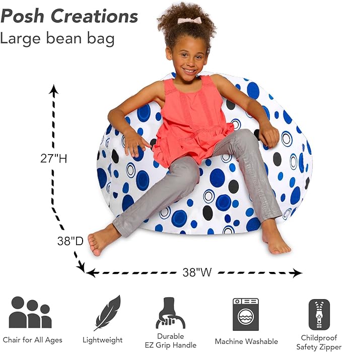 Posh Creations Bean Bag Chair for Kids, Teens, and Adults Includes Removable and Machine Washable Cover, Canvas Bubbles Blue and White, 38in - Large - LeafyLoom