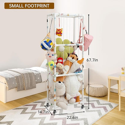 X-Large Plush Stuffed Animal Zoo Cage with Wheels, 67.7'' Stuffed Animal Storage Zoo Holder Standing, Toy Storage Organizer Shelves Basket with Net for Playroom, Bedroom, Nursery - LeafyLoom