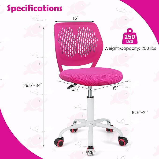 Kids Desk Chair, Blue Ergonomic Kids Office Chair Ages8-12 w/Lumbar Support, Low-Back Teen Desk Chair for Girls Boys, Small Cute Kids Computer Chair for Bedroom/Study/Vanity Desk (Rose Red) - LeafyLoom