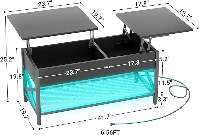 Aheaplus Black Lift-Top Coffee Table with LED Light, Power Outlets and Storage Shelf, 41.7"W x 19.69"L x 19.7"H - LeafyLoom