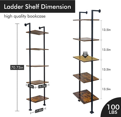 Axeman 5-Tier Ladder Shelf, Tall Narrow Bookcase for Small Spaces, Book Storage Organizer Case for Living Room, Home Office, Study, Industrial Style Black Metal Frame and Rustic Brown Shelf - LeafyLoom