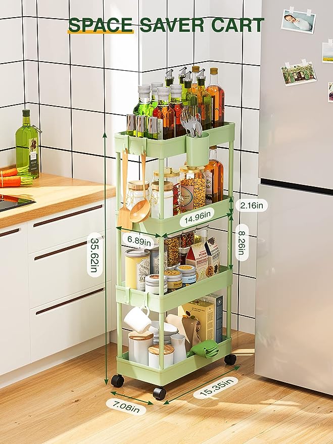 LEHOM Slim Rolling Storage Cart - 4 Tiers Bathroom Organizer Utility Cart Slide Out Storage Shelves Mobile Shelving Unit for Kitchen, Bedroom, Office, Laundry Room, Small Narrow Spaces, Green - LeafyLoom