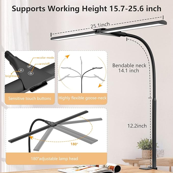 EppieBasic LED Desk lamp,Double Head Architect Desk Lamps for Home Office,Extra Bright Workbench Office Lighting,Eye Protection Modern Desk Light for Monitor Studio Working Reading 1200LM - LeafyLoom