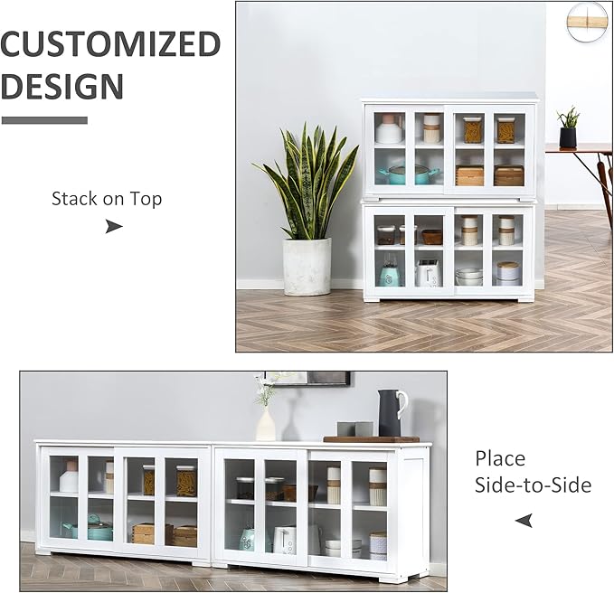 HOMCOM Sideboard Buffet Cabinet, Stackable Credenza, Coffee Bar Cabinet with Sliding Glass Door and Adjustable Shelf, White - LeafyLoom