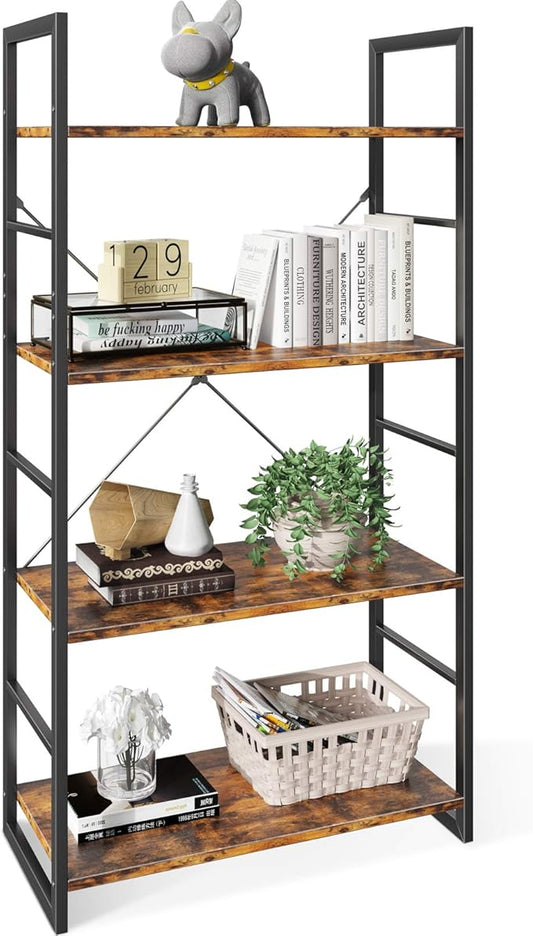 ODK Bookshelf, 4 Tier Shelf Storage Organizer, Modern Book Shelf with Metal Frame for Bedroom, Living Room and Home Office, Rustic Brown - LeafyLoom