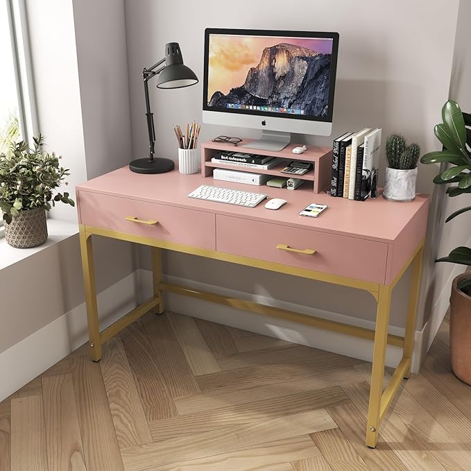 WESTREE Women Makeup Vanity Desk with 2 Drawers - Bedroom Home Office Desk, Wooden Height Monitor Stand & Storage Shelf without Mirror, Pink Table Great Gift for Her - LeafyLoom