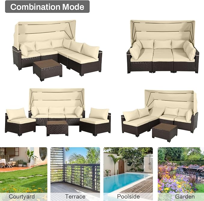 6 PCS Outdoor Patio Furniture Set,Sectional Sofa Set,Rattan Daybed with Retractable Canopy,Adjustable Backrest,Storage Coffee Table,Chaise Chair Sunbed for Porch Garden Poolside Backyard(Beige) - LeafyLoom