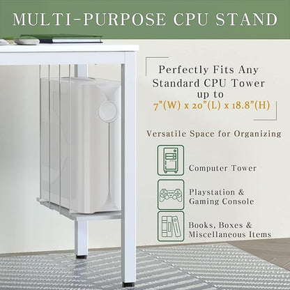 White Computer Desk 47" Writing Desk Study Table with CPU Storage Shelf for Home Office, Workstation, Office, Gaming Room- Sturdy Stable White Metal Frame - LeafyLoom