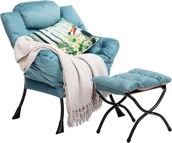 HollyHOME Fabric Lazy Chair with Foldable Ottoman, Accent Comfy Lounge Arm Chair and Folding Footrest Stool Set, Leisure Sofa Reading Chair and Footstool for Living Room, Bedroom, Dorm, Blue - LeafyLoom