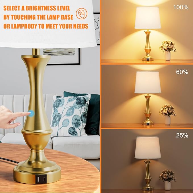 Touch Lamps for Bedrooms Set of 2 - Nightstand Table Lamp with USB C+A, 3 Way Dimmable Bedside Lamps for Living Room End Tables Set of 2, Farmhouse Night Stand Lamps(White&Gold) - LeafyLoom