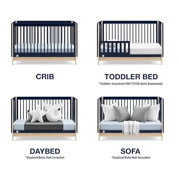 Delta Children babyGap Tate 4-in-1 Convertible Crib + Brannan Bear Bookcase with Bins + Brannan Bear Wall Shelf with 4 Hooks, Navy/Natural (Bundle) - LeafyLoom