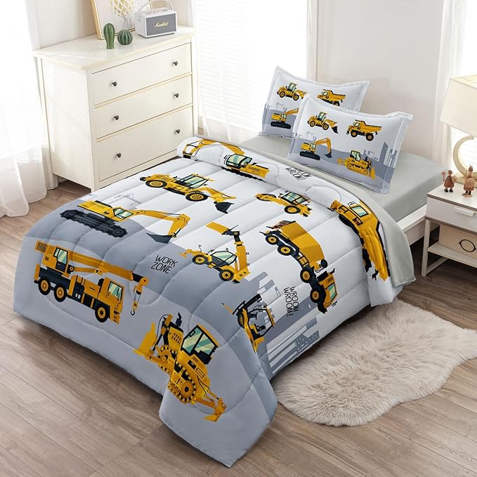 4-Pcs Construction Twin Size Boys Bedding Set, Kids Comforter Set for Teens with Sheets and Pillowcase, Soft Grey Tractor Cars Bed in a Bag Sets - LeafyLoom