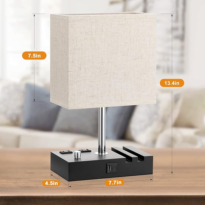 Bedside Lamps for Bedroom Set of 2, Kakanuo Fully Dimmable Small Beige Nightstand Lamps with USB C Ports and 2 Charging Outlets, Wooden Table Lamp with Phone Stands for Living Room, LED Bulbs Included - LeafyLoom