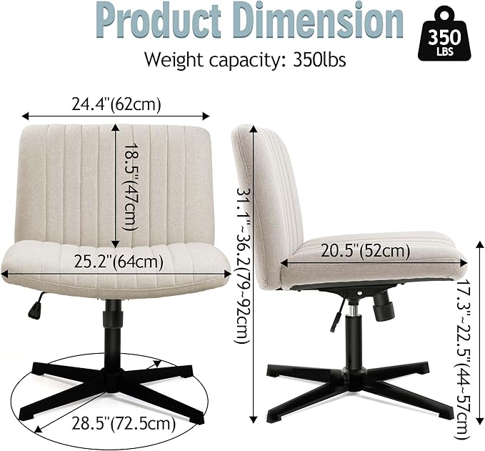 Armless Office Chair no Wheels, Ergonomic Wide Seat Swivel Desk Chair, Height Adjustable Cross Legged Comfortable Computer Chair for Living Room, Vanity Accent Chair Beige - LeafyLoom