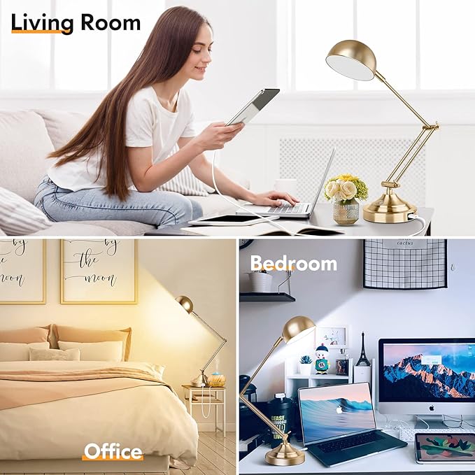 Architect Gold Desk Lamp Dimmable with USB Port, Adjustable Touch Control Vintage Desk Lamp 3 Color Modes, Brass Metal Desk Lamp Retro Style Reading Light for Home Office Desk Bedside Table - LeafyLoom