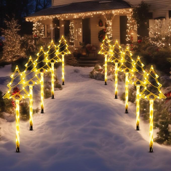 Solar Christmas Pathway Lights Outdoor Decorations, 8 Modes Xmas Tree Candy Lights Waterproof Led Garden Stake Lights for Walkway Yard Lawn Porch Holiday Decor 5-Pack (Warm White Xmas Tree Lights) BRIGHTDECK