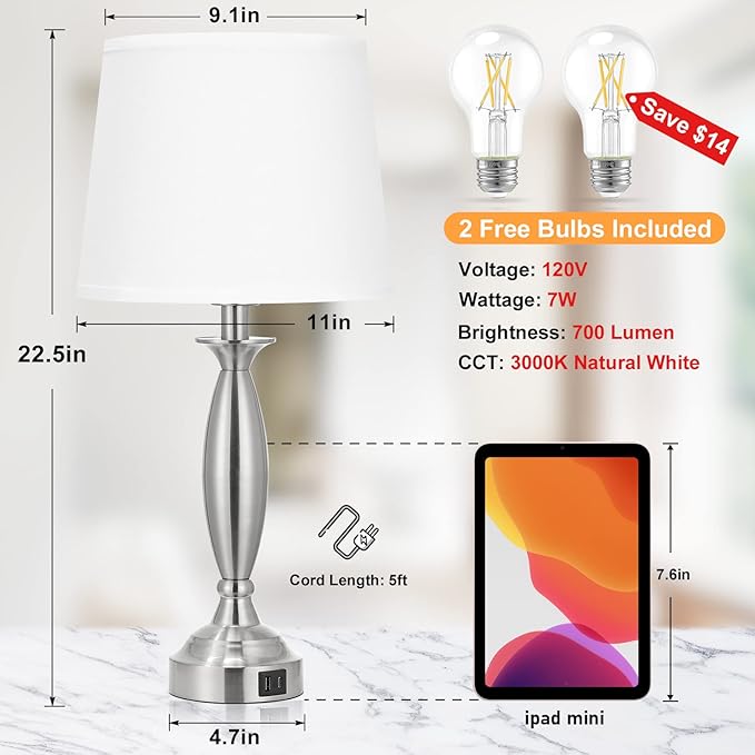 White Lamps for Bedrooms Set of 2 - Touch Control Bedside Lamp with USB C+A, 3 Way Dimmable Nightstand Lamps with USB Port, Table Lamp for Living Room(White Shade and Nickel Base) - LeafyLoom