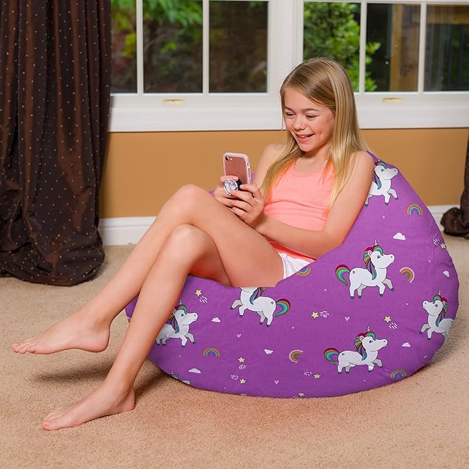 Posh Creations Bean Bag Chair for Kids, Teens, and Adults Includes Removable and Machine Washable Cover, 38in - Large, Canvas Unicorn and Rainbows on Purple - LeafyLoom