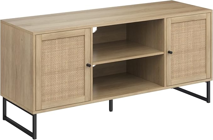 Nathan James 74101 Mina Modern TV Stand, Entertainment Cabinet, Media Console with a Natural Oak Wood Finish and Matte Black Accents with Storage Doors for Living Room or Media Room, Oak/Black - LeafyLoom