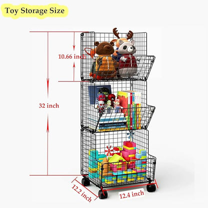 3 Tier Metal Wire Baskets - Toy Organizer Basket Shelf with Wheel, S-Hooks, Rolling Cart Hanging Storage Baskets for Child Room, Playroom, Bedroom, Kitchen (Black) - LeafyLoom