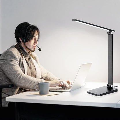 LED Desk Lamp for Home Office, 3 Levels Dimmable Desk Light with USB Charging Port, Small Study Lamp, Reading Light for Table, Black, 5000K - LeafyLoom