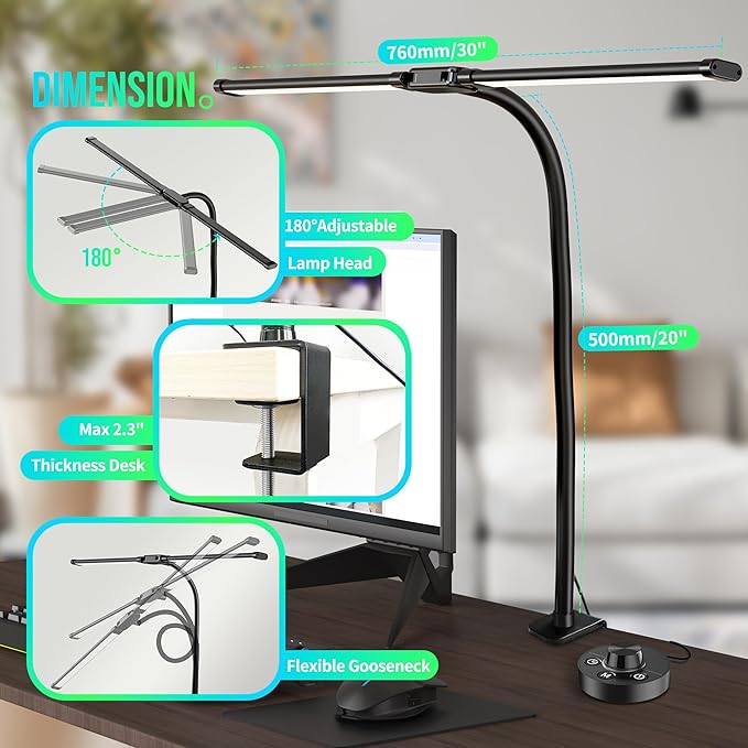 Desk Lamps for Home Office, 24W Ultra Bright Double Head Architect Task Lamp with Clamp, Desktop Stepless Dimmer 50 Lighting Modes Adjustable Flexible Gooseneck Table Light, Black, DH24W - LeafyLoom