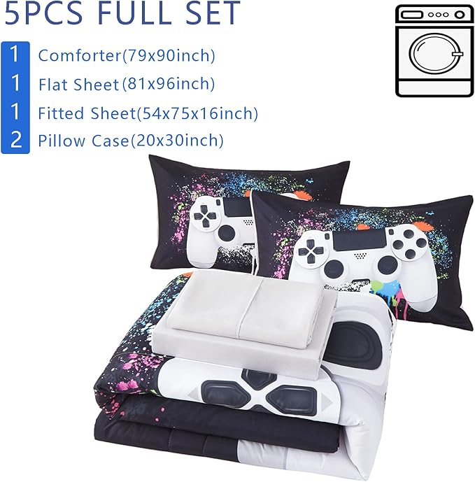 KAKKI 5 Piece Boys Full Gamer Comforter Set with Sheets, 3D Colorful Video Game Controller Comforter for Kids Teen, All Season Soft Microfiber Gaming Bedding Set(White,Full) - LeafyLoom