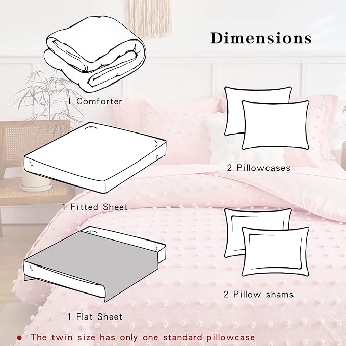 7 Pieces Tufted Dots Bed in a Bag King Comforter Set with Sheets Pink , Soft and Embroidery Shabby Chic Boho Comforters, Solid Color with Pom Pom Design, Jacquard Tufts Bedding Set for All Season - LeafyLoom