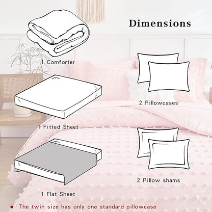 7 Pieces Tufted Dots Bed in a Bag King Comforter Set with Sheets Pink , Soft and Embroidery Shabby Chic Boho Comforters, Solid Color with Pom Pom Design, Jacquard Tufts Bedding Set for All Season - LeafyLoom