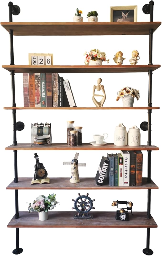 6 Tier Industrial Ladder Pipe Shelf, Wall Mounted Wood Metal Bookshelf for Living Room Storage (Weathered Brown, 10" D x 48" W x 82.5" H) - LeafyLoom