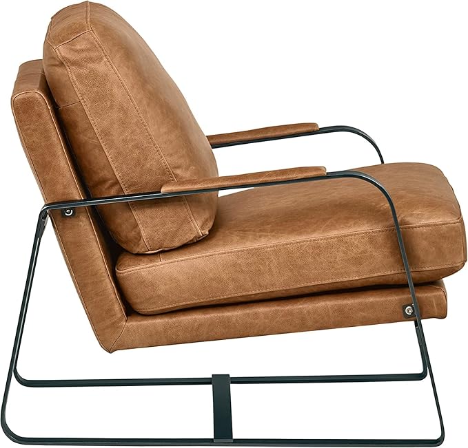 Amazon Brand – Rivet Summit Mid-Century Modern Leather Accent Chair with Steel Arms, Cognac Brown, 35"D x 27.2"W x 27.6"H - LeafyLoom