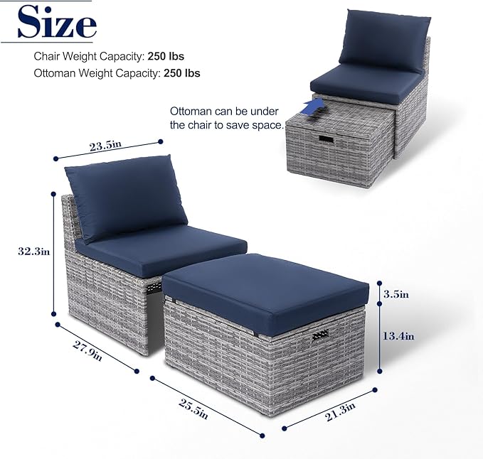 BACKYARD EXPRESSIONS PATIO · HOME · GARDEN w Backyard Expressions 2 Pc. Outdoor Conversation Chair Set with Storage and Ottoman, 250lb Weight Capacity, Navy Blue/Grey Wicker - LeafyLoom